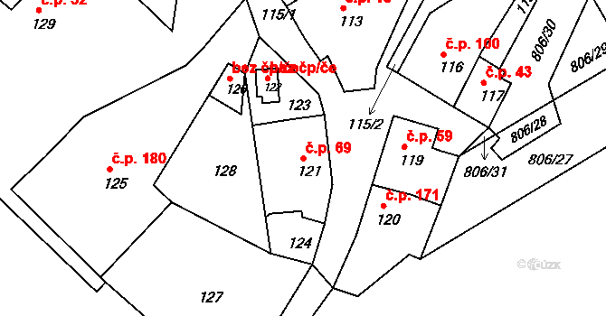 Lažánky 69, Blansko na parcele st. 121 v KÚ Lažánky u Blanska, Katastrální mapa