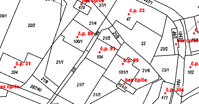 Tetín 91 na parcele st. 104 v KÚ Tetín u Berouna, Katastrální mapa