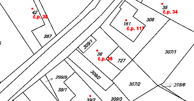 Polánky nad Dědinou 36, Třebechovice pod Orebem na parcele st. 38 v KÚ Polánky nad Dědinou, Katastrální mapa