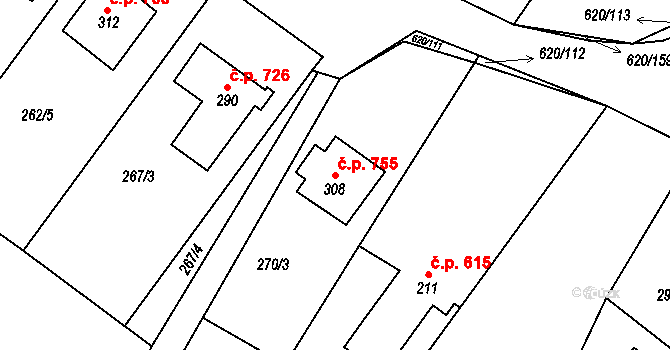Chvalčov 755 na parcele st. 308 v KÚ Chvalčova Lhota, Katastrální mapa