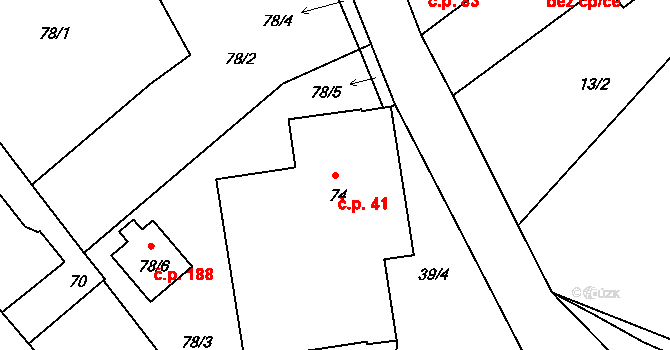 Hosín 41 na parcele st. 74 v KÚ Hosín, Katastrální mapa