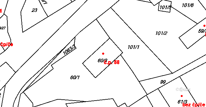 Chožov 58 na parcele st. 60/3 v KÚ Chožov, Katastrální mapa
