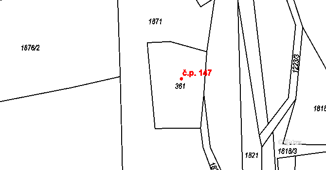 Hošťálková 147 na parcele st. 361 v KÚ Hošťálková, Katastrální mapa
