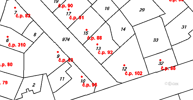 Satalice 92, Praha na parcele st. 13 v KÚ Satalice, Katastrální mapa