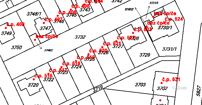 Záběhlice 521, Praha na parcele st. 3726 v KÚ Záběhlice, Katastrální mapa