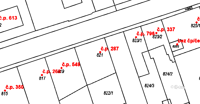 Čakovice 287, Praha 21 na parcele st. 821 v KÚ Čakovice, Katastrální mapa