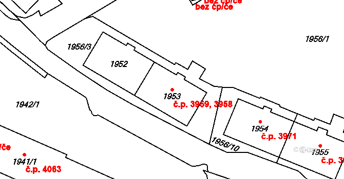 Chomutov 3958,3959 na parcele st. 1952 v KÚ Chomutov I, Katastrální mapa