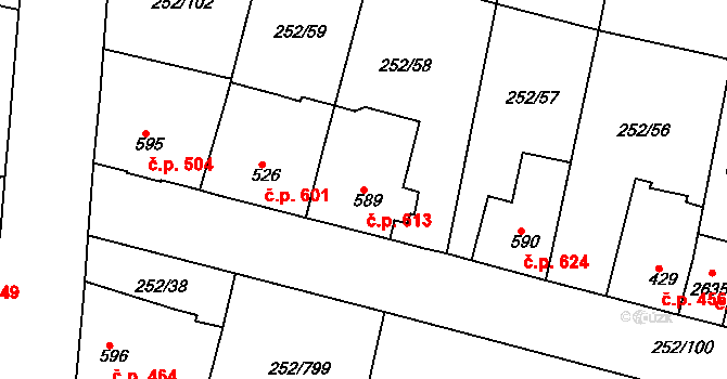Rosice 613 na parcele st. 589 v KÚ Rosice u Brna, Katastrální mapa