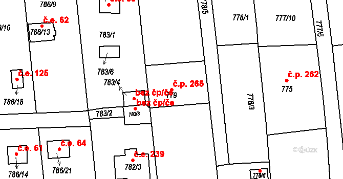 Křimice 265, Plzeň na parcele st. 779 v KÚ Křimice, Katastrální mapa