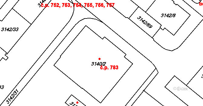 Lobzy 783, Plzeň na parcele st. 3140/2 v KÚ Plzeň, Katastrální mapa