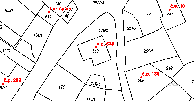 Krásno 533 na parcele st. 619 v KÚ Krásno nad Teplou, Katastrální mapa