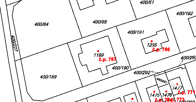 Horoměřice 767 na parcele st. 1189 v KÚ Horoměřice, Katastrální mapa