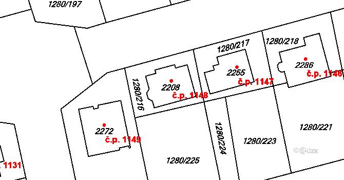 Dobřany 1148 na parcele st. 2208 v KÚ Dobřany, Katastrální mapa