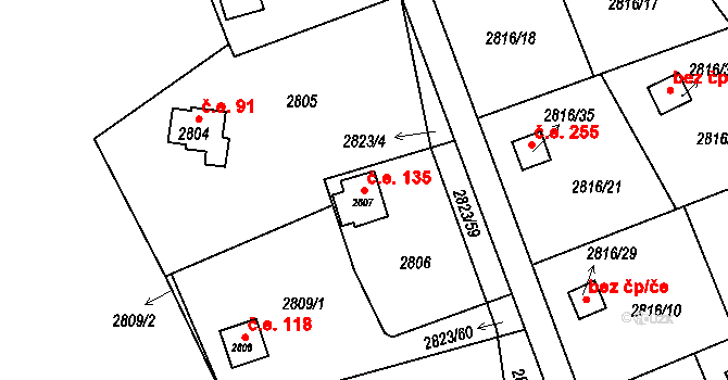 Lhota Samoty 135, Planá nad Lužnicí na parcele st. 2807 v KÚ Planá nad Lužnicí, Katastrální mapa