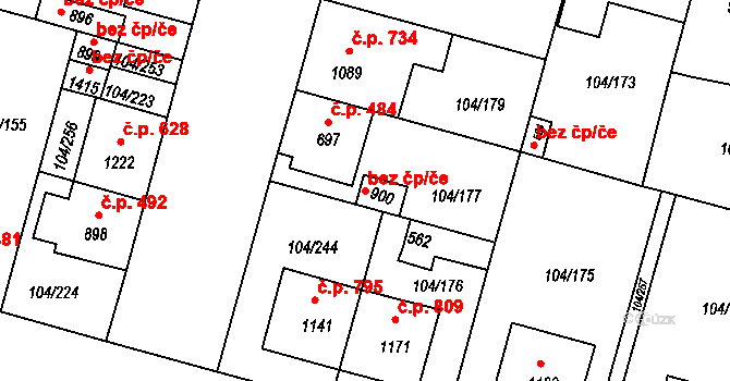 Třebíč 38216914 na parcele st. 900 v KÚ Podklášteří, Katastrální mapa