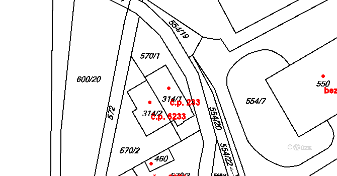 Louky 233, Zlín na parcele st. 314/1 v KÚ Louky nad Dřevnicí, Katastrální mapa