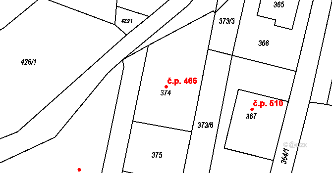 Želechovice nad Dřevnicí 466 na parcele st. 374 v KÚ Želechovice nad Dřevnicí, Katastrální mapa