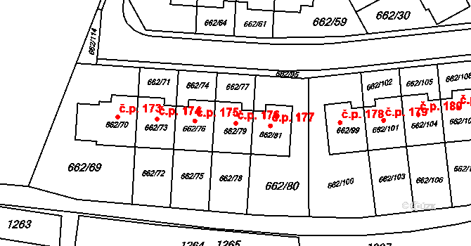 Sedlešovice 176, Nový Šaldorf-Sedlešovice na parcele st. 662/79 v KÚ Sedlešovice, Katastrální mapa