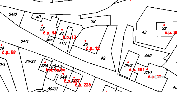 Únětice 12 na parcele st. 23 v KÚ Únětice u Prahy, Katastrální mapa