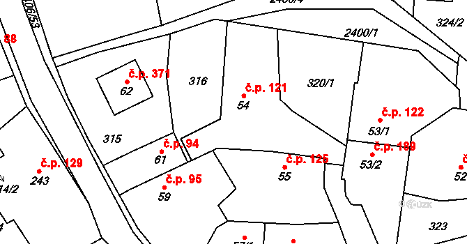 Postřekov 121 na parcele st. 54 v KÚ Postřekov, Katastrální mapa