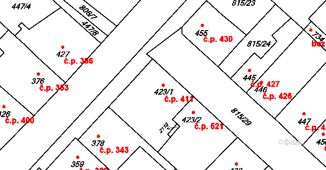 Sezemice 411 na parcele st. 423/1 v KÚ Sezemice nad Loučnou, Katastrální mapa