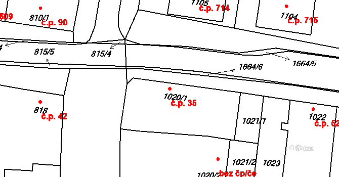 Klobouky u Brna 35 na parcele st. 1020/1 v KÚ Klobouky u Brna, Katastrální mapa