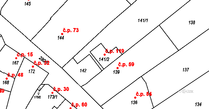 Tetětice 119, Počenice-Tetětice na parcele st. 141/2 v KÚ Tetětice, Katastrální mapa