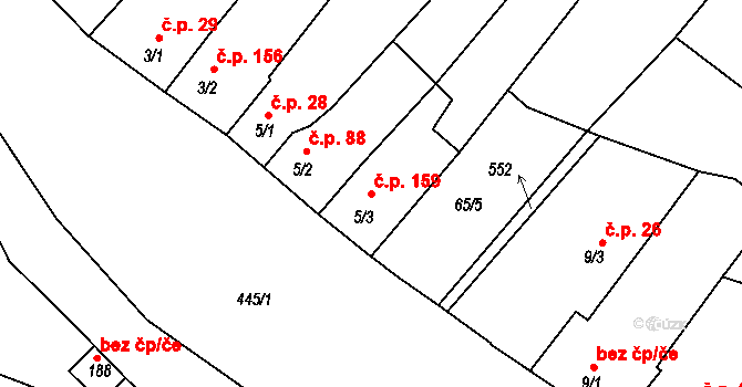 Žopy 159, Holešov na parcele st. 5/3 v KÚ Žopy, Katastrální mapa