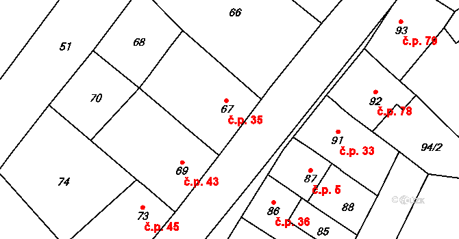 Lutotín 35, Bílovice-Lutotín na parcele st. 67 v KÚ Lutotín, Katastrální mapa