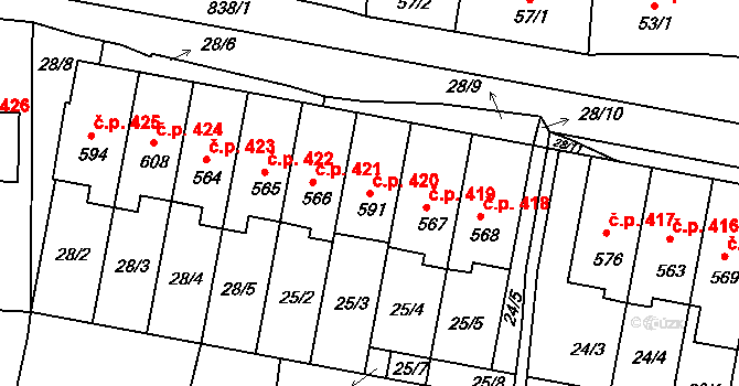 Olšany u Prostějova 420 na parcele st. 591 v KÚ Olšany u Prostějova, Katastrální mapa