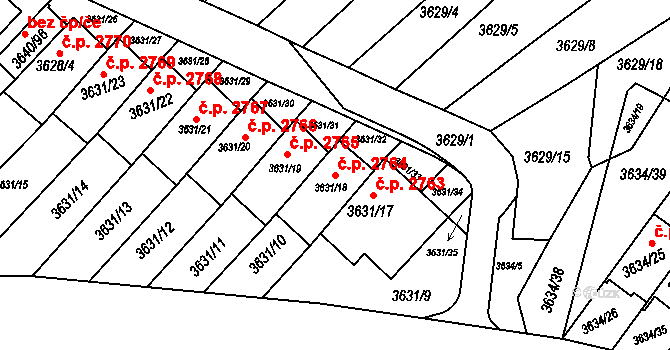 Znojmo 2764 na parcele st. 3631/18 v KÚ Znojmo-město, Katastrální mapa