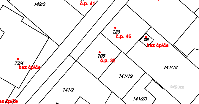 Pakoměřice 32, Bořanovice na parcele st. 105 v KÚ Bořanovice, Katastrální mapa
