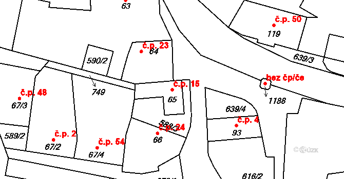Kamenný Újezdec 15, Kamenný Přívoz na parcele st. 65 v KÚ Kamenný Přívoz, Katastrální mapa