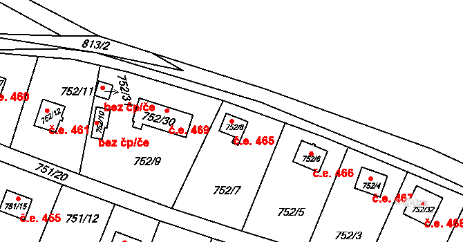 Nebovidy 465 na parcele st. 752/8 v KÚ Nebovidy u Brna, Katastrální mapa