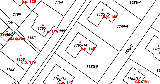 Raspenava 148 na parcele st. 1185/14 v KÚ Raspenava, Katastrální mapa