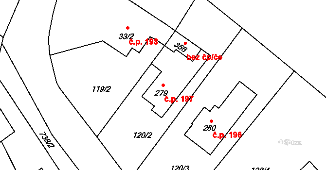 Stěžery 197 na parcele st. 279 v KÚ Stěžery, Katastrální mapa