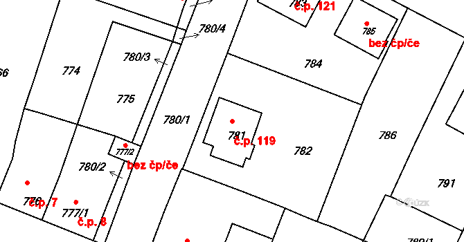Mimoň V 119, Mimoň na parcele st. 781 v KÚ Mimoň, Katastrální mapa