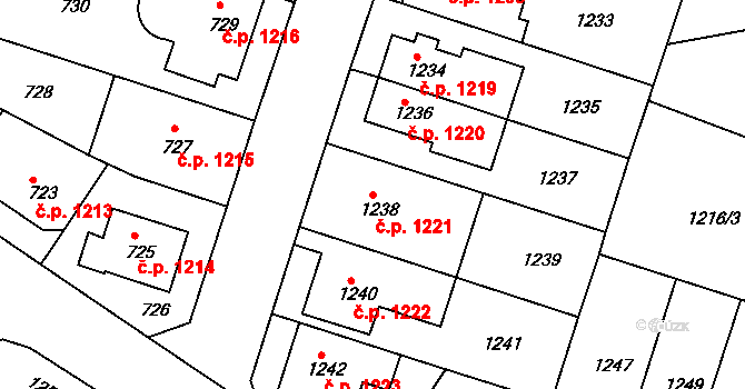 Roudnice nad Labem 1221 na parcele st. 1238 v KÚ Roudnice nad Labem, Katastrální mapa