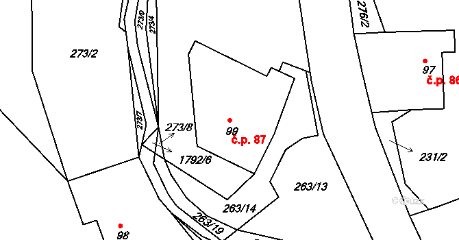 Lodhéřov 87 na parcele st. 99 v KÚ Lodhéřov, Katastrální mapa