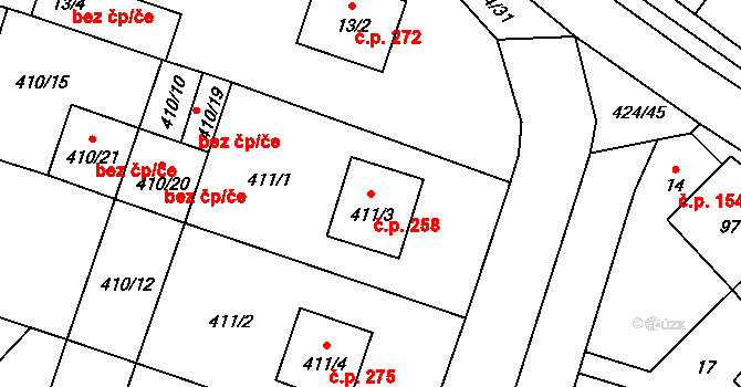 Semice 258 na parcele st. 411/3 v KÚ Semice nad Labem, Katastrální mapa