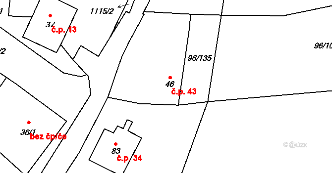 Modlešovice 43, Strakonice na parcele st. 46 v KÚ Modlešovice, Katastrální mapa