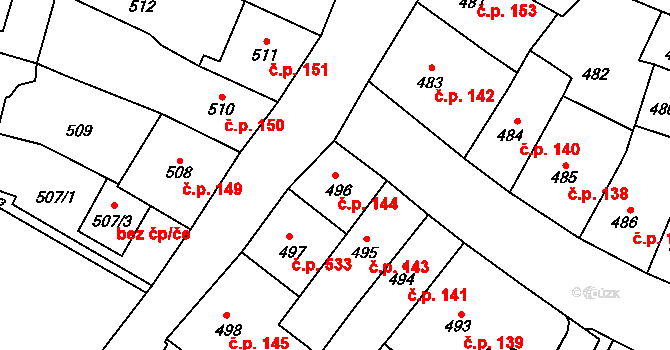 Kadaň 144 na parcele st. 496 v KÚ Kadaň, Katastrální mapa