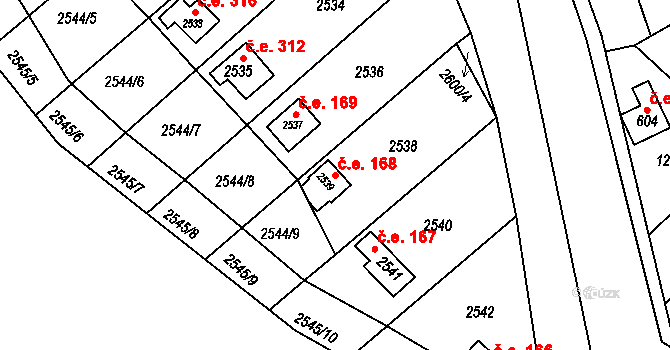 Obřany 168, Brno na parcele st. 2539 v KÚ Obřany, Katastrální mapa