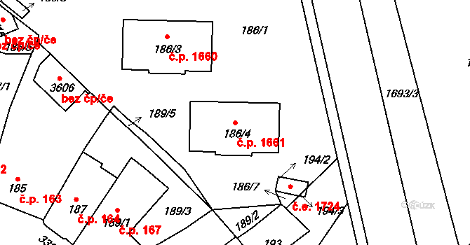 Pelhřimov 1661 na parcele st. 186/4 v KÚ Pelhřimov, Katastrální mapa
