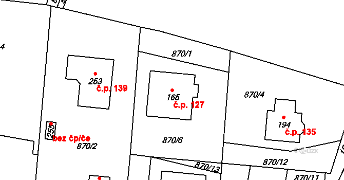 Zavidov 127 na parcele st. 165 v KÚ Zavidov, Katastrální mapa