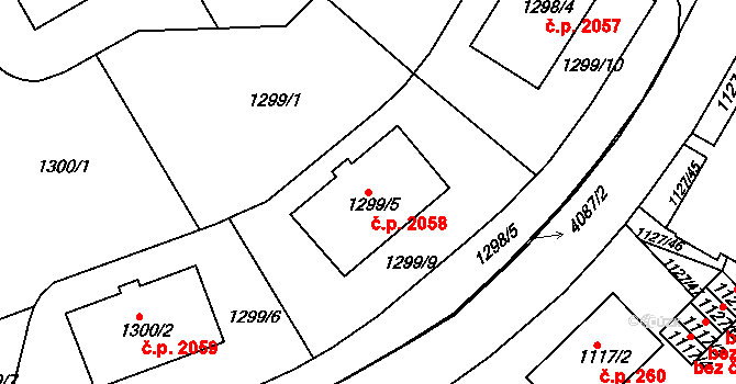 Dejvice 2058, Praha na parcele st. 1299/5 v KÚ Dejvice, Katastrální mapa