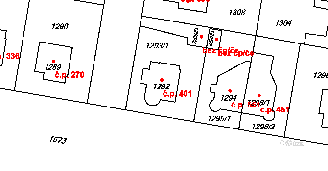 Hostivař 401, Praha na parcele st. 1292 v KÚ Hostivař, Katastrální mapa