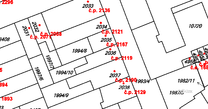 Hodonín 2119 na parcele st. 2036 v KÚ Hodonín, Katastrální mapa