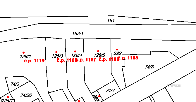 Předklášteří 1186 na parcele st. 126/5 v KÚ Předklášteří, Katastrální mapa