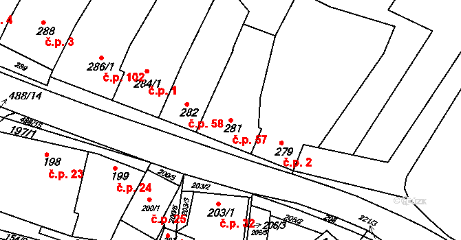 Kanice 57 na parcele st. 281 v KÚ Kanice, Katastrální mapa